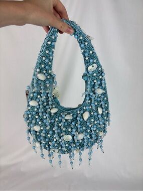 NWT Viral Handcrafted in India Beaded Shell Shoulder Bag in Light Blue and White